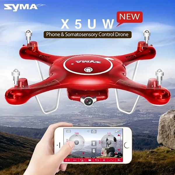 SYMA X5UW RC Drone con cámara 720P FPV, transmisión en tiempo real WIFI Tap Fly, retención de altitud, modo sin cabeza, giros 3D, regalo de cuadricóptero con control remoto OVNI