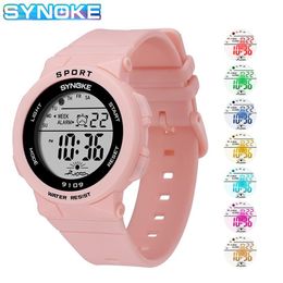 SYNOKE rose femmes montre numérique 50m étanche dames montres unisexe montre élégant bracelet en Silicone avec Luminous247u