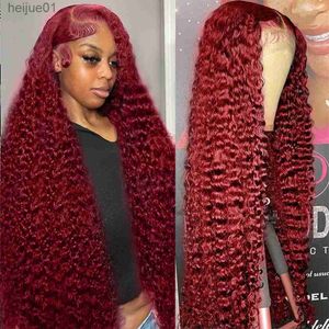 Synthétique Wig frontaux d'onde de 12-34 pouces 13x4 13x6 Brésilien rouge brésilien perruque avant 99J Bury Berne de cheveux humains profonds Curly Wigsl231024