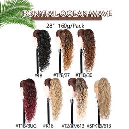 Synthétique 28 pouces de long océan vague cordon queue de cheval Clip-in Extension ondulé poney cheveux morceau noir brun Ombre couleur queues de poney