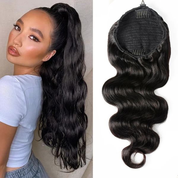 Synthétique vague de corps brossé queue de cheval cheveux humains brésilien Remi clip Ins femmes Alibaba 150g 2 peigne 231215