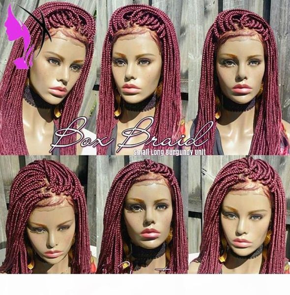 Perruque Lace Front Wig synthétique tressée en boîte, perruque Lace Front Wig pour femmes noires, couleur bordeaux, Fiber résistante à la chaleur, cheveux de bébé tressés Wig5387050