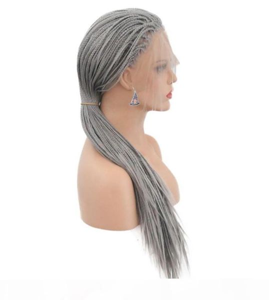 Perruques tressées synthétiques pour femmes blanches Siver gris sans colle synthétique tressé dentelle avant perruque résistant à la chaleur fibre cheveux avec bébé Ha4981730