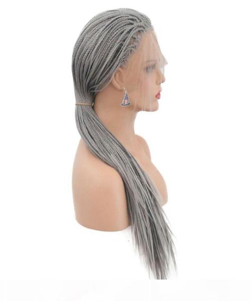 Perruques tressées synthétiques pour femmes blanches Siver gris sans colle synthétique tressé dentelle avant perruque résistant à la chaleur fibre cheveux avec bébé Ha7123031