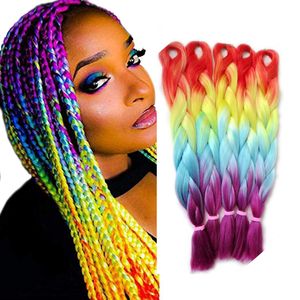 Synthetische Flechten-Haarverlängerungen, Regenbogen-Ombre-Jumbo-Zopf für Twist-Flechthaar, Hochtemperatur-Faser-Haarverlängerungen, 61 cm, 5 Stück/Lot