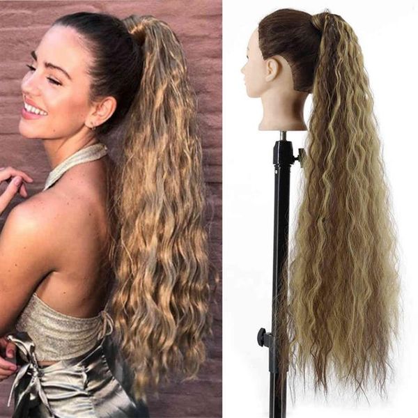 Maïs synthétique ondulé longue 34 pouces queue de cheval pièce envelopper sur Extensions de pince Ombre brun queue de poney Blonde Fack Hair238L