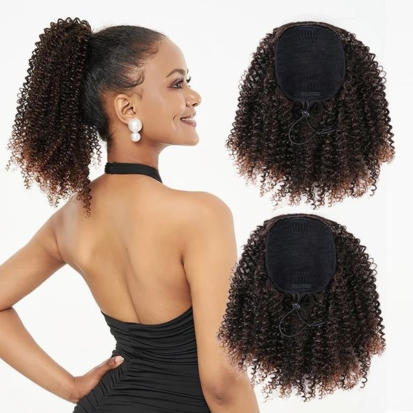 Extension synthétique queue de cheval élastique avec cordon de serrage, faux cheveux crépus bouclés pour femmes, postiche Afro haute bouffée