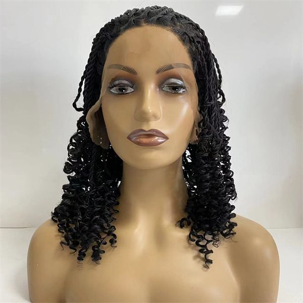 Perruque frontale en dentelle bouclée, cheveux synthétiques, densité 180%, 16 pouces, tresses torsadées, pour femme noire