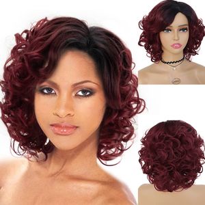Cheveux synthétiques Afro perruque crépus bouclés perruques pour les femmes noires coiffure courte vin rouge Ombre perruque foncé racine doux cheveux Bob Wigfactory