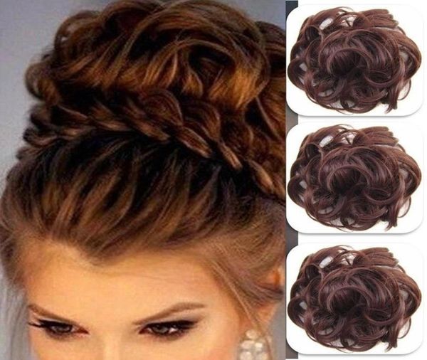 Pièce de cheveux synthétiques Chouchou Faux Chignon Bouclé Bande Élastique Updo Braidal Pièce de Cheveux couleur blonde brune Noeud supérieur Synthétique for5906478