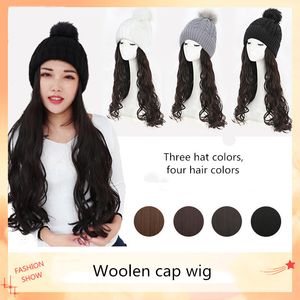 Perruque de chapeau synthétique Long Wavy Curly Hair Wig chauds tricoté Pom-amovable Pom-amovable Cap avec poils d'hiver Caps d'hiver d'automne