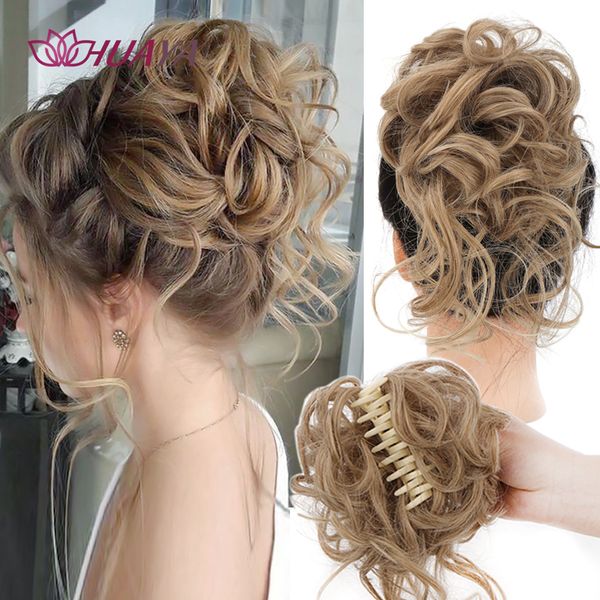 Sintético HUAYA Messy Curly Claw Hair Bun Chignon s Scrunchy Fake Falso con cola para mujeres Postizos 230629