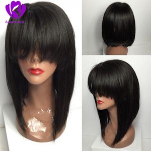 Perruque Lace Front Wig synthétique brésilienne naturelle, cheveux courts et lisses, avec frange, 8 à 26 pouces, pre-plucked, densité 150%