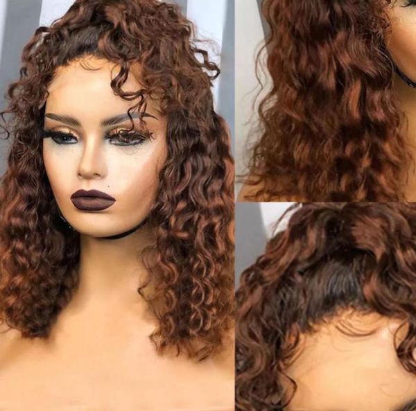 Pelucas de cabello humano de simulación frontal de encaje sintético, rizado suelto, 150 de densidad, Color marrón, peluca de onda profunda 13x4 para mujeres negras4364254