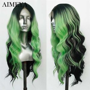 Perruque en dentelle synthétique Highlight Lace Front Wigs Body Wave Omber Noir / Vert Lace Frontal Wigs Perruques en fibre haute température 230524