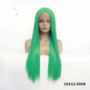 Perruque Lacefront synthétique synthétique, cheveux humains simulés, 12 ~ 26 pouces, longue et lisse, couleur verte, Pelucas 19111 – 2608
