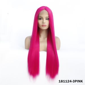 Synthetische LacFrontal Pruik Simulatie Menselijk Haar Kant Pruiken 12 ~ 26 Inches Silky Straight Rose Red Color Perruques 181124-3pink
