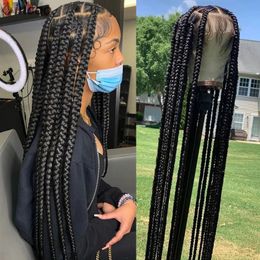 Synthetic Large Box Braided Wigs Jumbo Knotless Full Lace Front Wigs For Black Women Jumbo Tribal Braids Faux Locs Cornrows Wig 240506