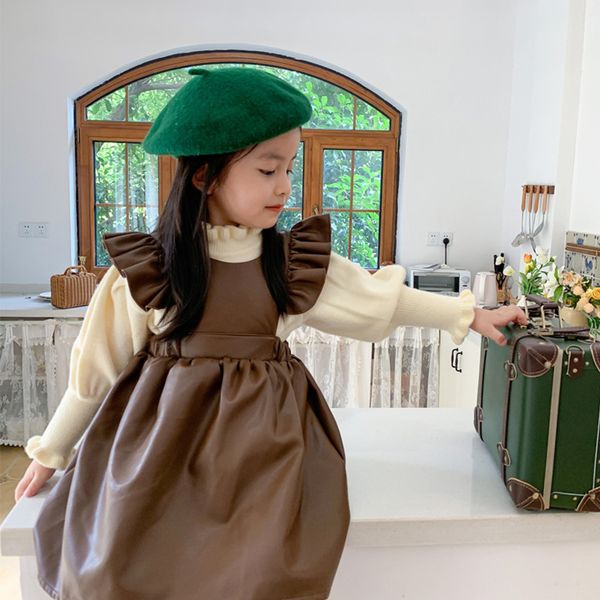 Vestido de cuero sintético para niña, princesa de invierno, manga de pétalo, dulce vestido con tirantes para niñas, ropa para niños 2 4 5 6 7 8 año 210303