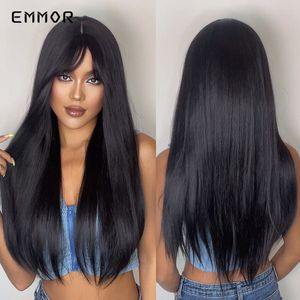Synthetische lange zwarte rechte pruik met pony Hair Wigs Cosplay Natuurlijke hitte resistent pruiken voor vrouwen Daily Hair WigFactory Di