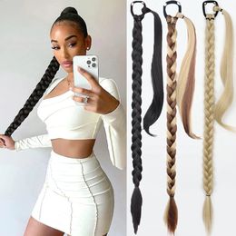 Extensiones de cabello de cola de caballo trenzadas largas sintéticas para mujeres, postizos envolventes de cola negra y rubia, fibra de alta temperatura 240122