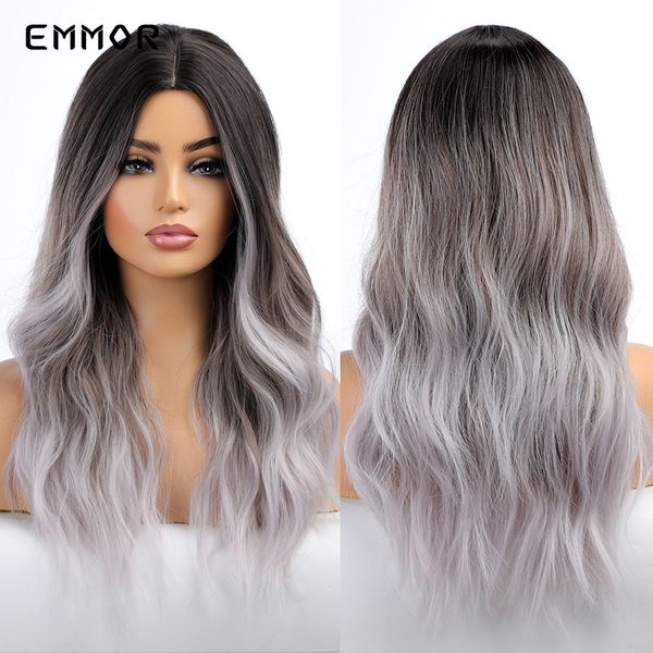 Synthétique Longues perruques ondulées ombre Black to Silver Wig Fomen Fibre Natural Time résistante Daily Cosplay Hair Wigfactory Direct