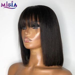 Synthetische misia recht met knal Volledige hine gemaakte Braziliaanse Remy Human Hair Bob Pruiken voor vrouw 14 inch 231012