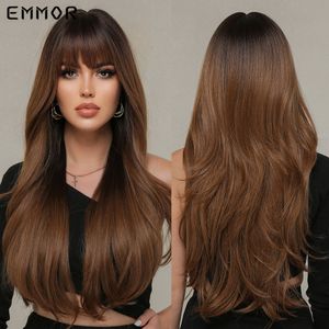 Synthétique ombre Blackto Brown Wigs Natural Blond Wavy Hair Wig For Women Cosplay Wigs Brown Orange-Brown avec Bangsfactory Dire