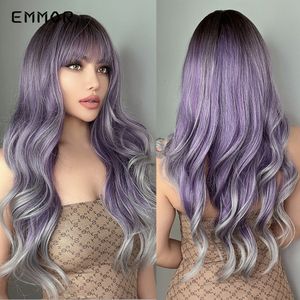 Synthetische ombre paars tot zilveren pruiken natuurlijke blond golvende haarpruik voor vrouwen cosplay oranje dagelijkse feestpruiken met BangsFactory