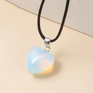 Synthetische opaal hartvorm hanger ketting vrouwen mannen eenvoudig leren touw reiki genezing charme ketting mode sieraden