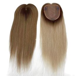 Synthetische S 10x14cm Blonde Ombre 613 Twee toon Remy Human Hair Topper voor vrouwen 35 cm zijdehuidbasis Toupee met 3 clips kan franje pony 230214 snijden