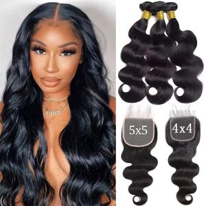 Tissage en lot synthétique Body Wave brésilien avec Clre, tissage frontal humain, dentelle 4x4 5x5, 231007