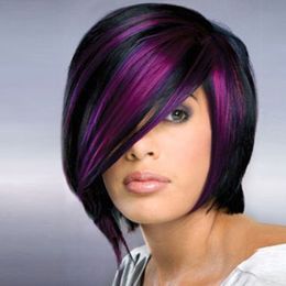 Synthetic Short Straight Wigs for Women Mix Black Purple Wig Heat Resistant Wig