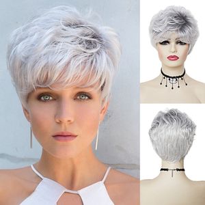 Peluca corta sintética Ombre Silver Grey Pelucas para mujeres Cabello natural con flequillo Old Lady Wig Peinado Mommy Wig Cap Giftfactory d