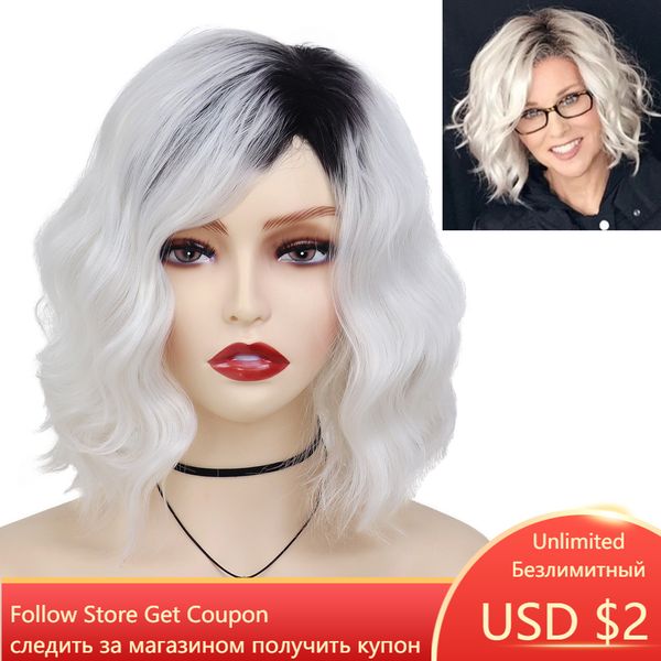 Perruque courte synthétique Womens White Snow Maiden Wigs Wave Bob Wig Dark Roots Natural Soft Fluffy Ombre Wavi Wig Cosplayfactory dir