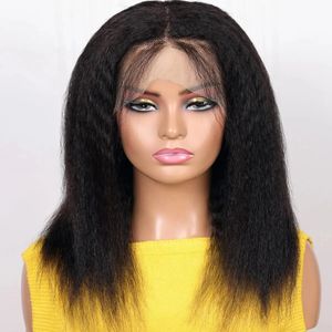 Synthetische zachte Yaki voorgeplukt middendeel korte bob 16 inch 180 dichtheid kinky rechte kant voorpruik met babyhaar lijmloos240115