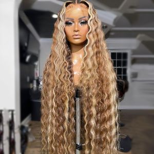 Synthetische pruik 40 centimeter lang Braziliaans haar Hoogtepunten bruin blond haar met diep golvende kant voor pruik vooraan
