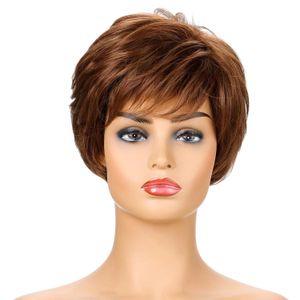 Perruque synthétique pour femmes, cheveux courts et lisses avec frange, brun naturel, utilisation quotidienne, perruques en fibres résistantes à la chaleur