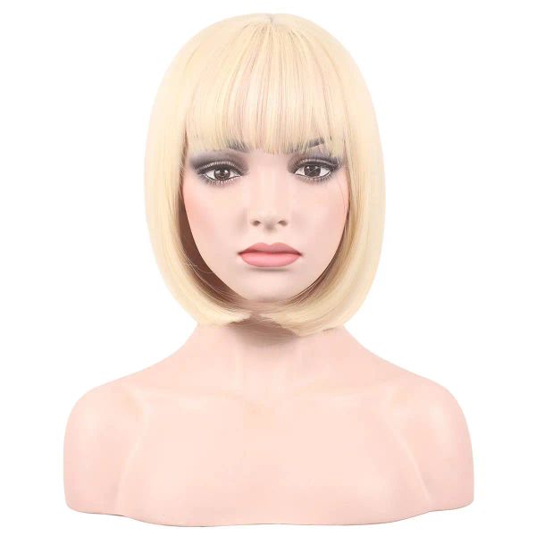 Perruque synthétique courte platine blonde blonde ombre perruque ondulée Racines sombres avec une frange pour les femmes longueur épaule à la recherche naturelle d'utilisation quotidienne