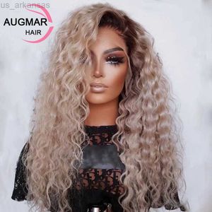 Pelucas sintéticas 13x4 Peluca frontal de onda profunda Ombre Rubio ceniza Peluca de cabello humano rizado Sin cola Virgen HD Transparente 360 Pelucas de cabello humano frontal de encaje W0306