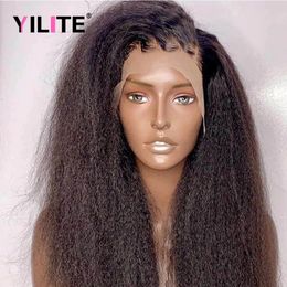 Синтетические парики 13x4 Kinky Straight Lace Front Human Hair для женщин Yaki Прозрачный фронтальный парик 4x4 Закрытие 231027