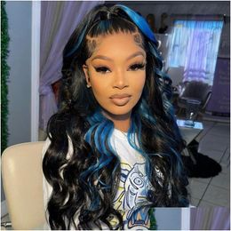 Perruques synthétiques 13x4 Lace Front Blue Highlight Perruques noires Perruque frontale transparente Brésilienne Simation Cheveux humains Vague de corps pour Drop Deli Dhbak