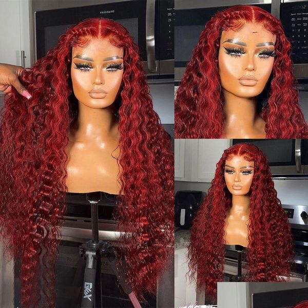 Pelucas sintéticas 13x4 Color rojo 180% Cabello humano rizado para mujeres 99J Bury Transparent Deepo Deep Lace Lace Wig Drop entrega Productos de entrega DHLB0