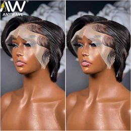 Pelucas sintéticas 150% de densidad Pixie Cut Wig con adhesivo Transparente Transparente T Lace Front Human Human Hair Brasil Remi Short Bob para la venta Q240427