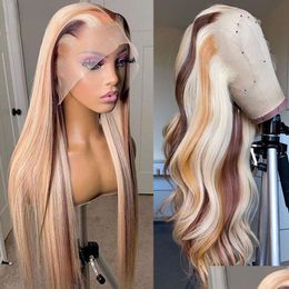 Synthetische pruiken 180 Dichtheid Braziliaans Hoogtepunt Blond gekleurde simatie Haarhaarpruik lichaamsgolf OMBRE HD Transparant rechte kant fr dhuy2