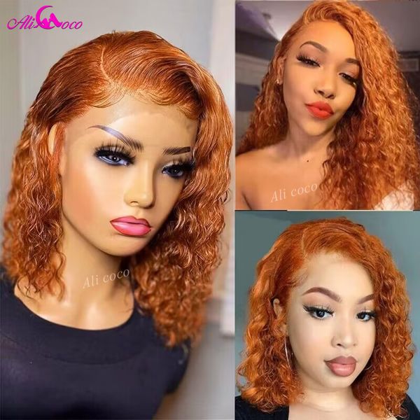 Perruques synthétiques 180% densité gingembre Orange bouclés 13x4 dentelle avant cheveux humains pour les femmes court Bob perruque transparente 230803