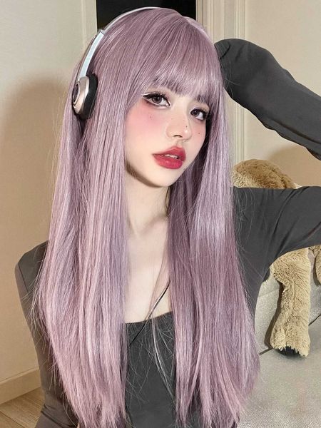 Perruques synthétiques Perruques synthétiques violet clair rose de 22 pouces avec frange longue perruque de cheveux raides naturels pour les femmes usage quotidien Cosplay résistant à la chaleur 240328 240327