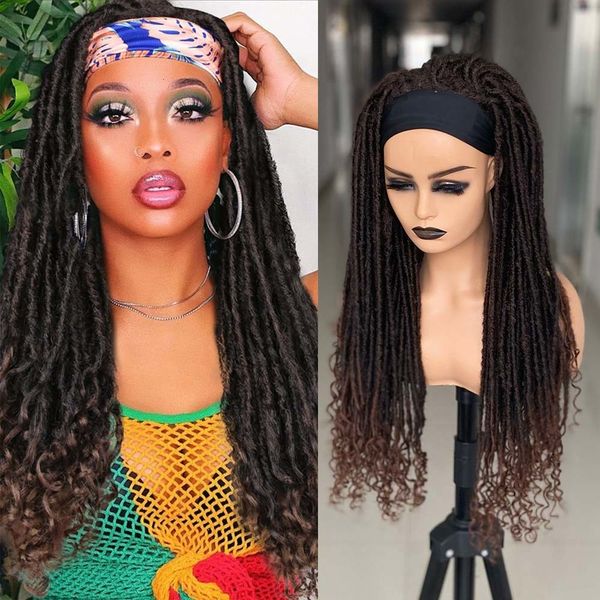 Pelucas sintéticas 26 pulgadas de largo Goddess Locs Dreadlock diadema pelucas con bufanda Ombre Brown trenzado Crochet Twist pelucas de cabello para mujeres negras 230701