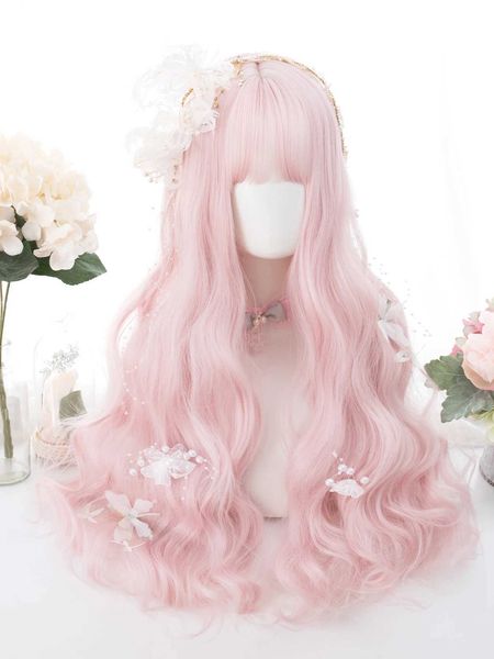 Perruques synthétiques 26 pouces couleur rose pêche perruques synthétiques avec Bang longue perruque de cheveux ondulés naturels pour les femmes usage quotidien Cosplay résistant à la chaleur 240318