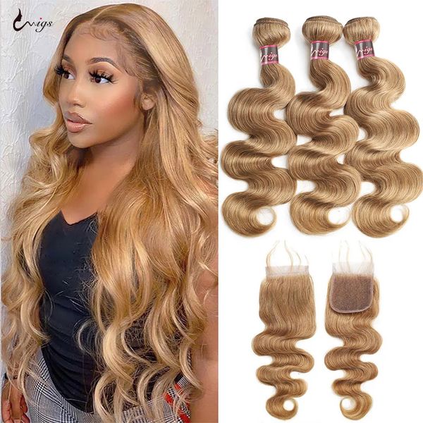 Perruques synthétiques # 27 Bundles de cheveux humains blond miel avec fermeture Bundles de tissage de cheveux brésiliens avec fermeture 10A Bundles de vague de corps colorés 231211